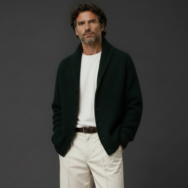 Dark Ivy Green Shawl Collar Cardigan – Dark Charcoal Background
