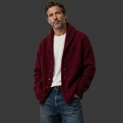 Burgundy Cardigan – Square, Dark Charcoal Background