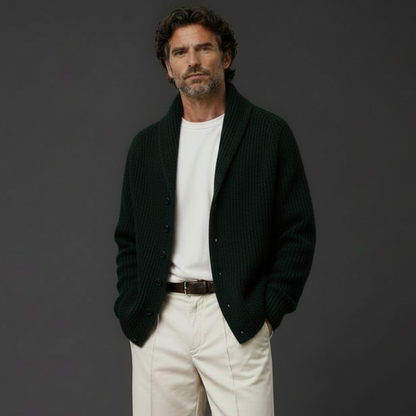 Dark Ivy Green Shawl Collar Cardigan – Dark Charcoal Background