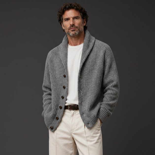Grey Shawl Collar Cardigan – Square, Dark Charcoal Background