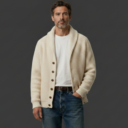 Off-White Shawl Collar Cardigan – One Hand in Pocket, Dark Charcoal Background